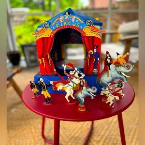 Pomoel French Musical Circus Tent Wood Metal Canvas with 7 Metal Figurines 13”H